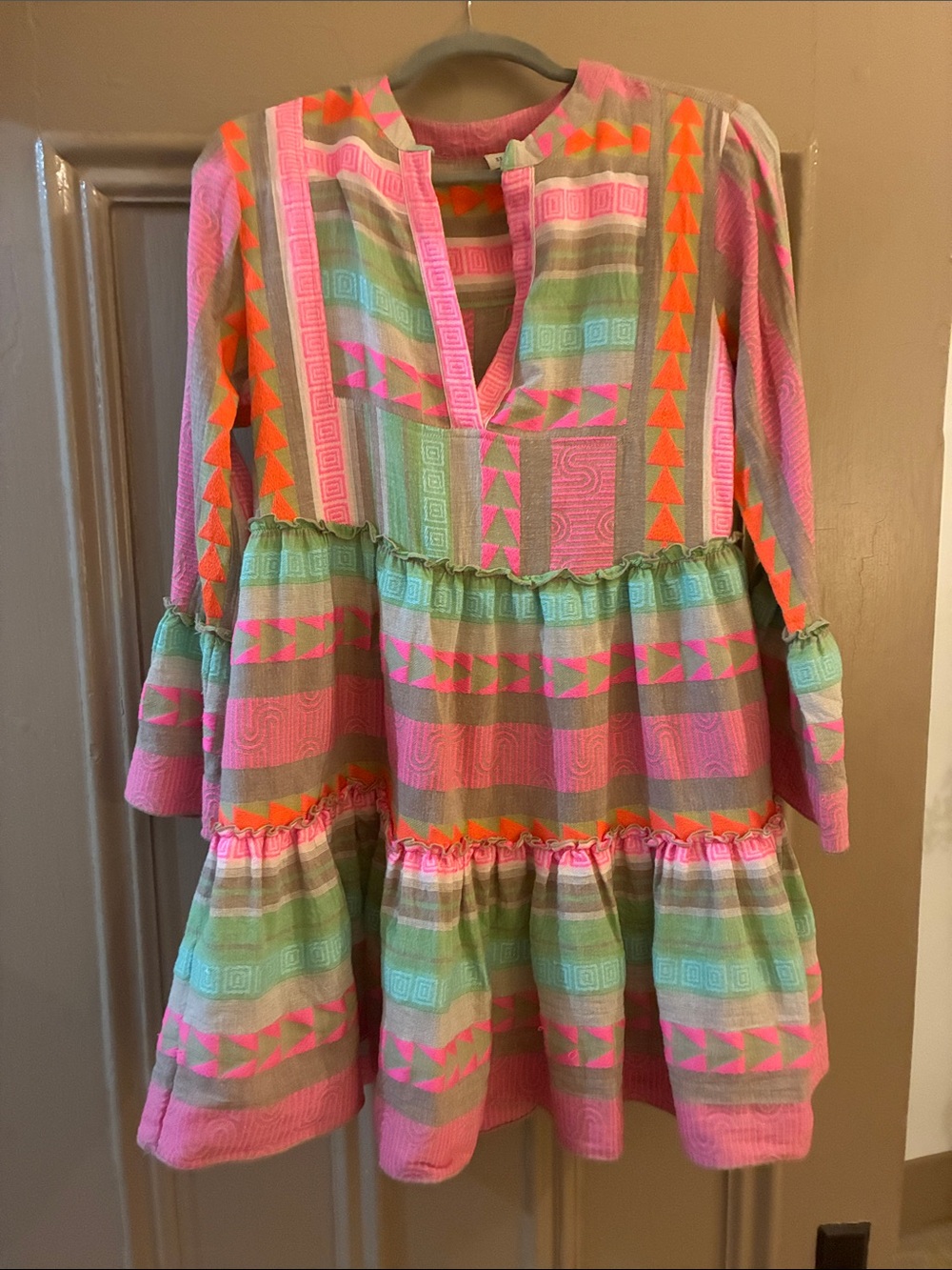 En Creme Pink, Green & Orange Patterned Mini Dress